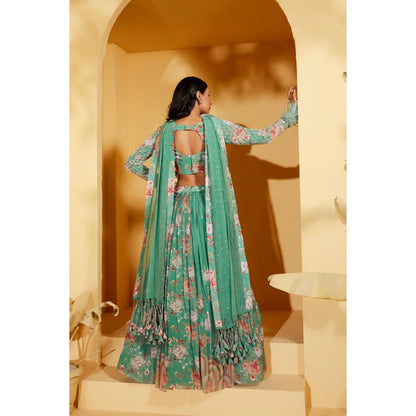 Suruchi Parakh Womens Green Floral Print Blouse with Lehenga and Dupatta (Set of 3)