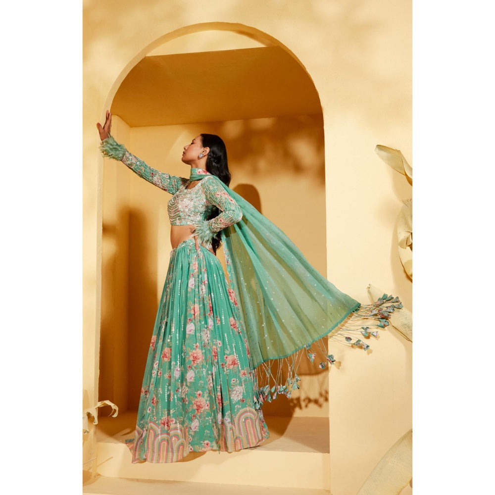 Suruchi Parakh Womens Green Floral Print Blouse with Lehenga and Dupatta (Set of 3)