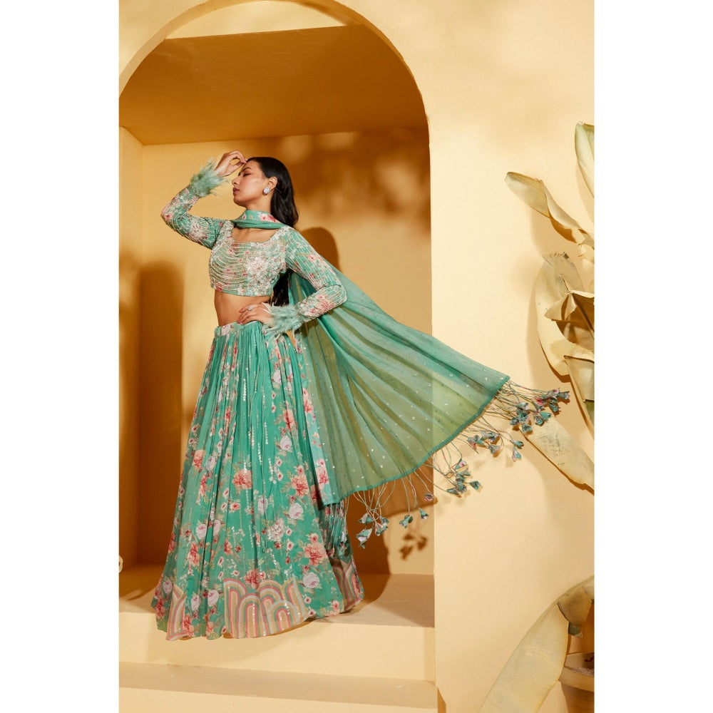 Suruchi Parakh Womens Green Floral Print Blouse with Lehenga and Dupatta (Set of 3)
