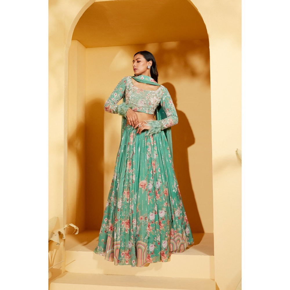 Suruchi Parakh Womens Green Floral Print Blouse with Lehenga and Dupatta (Set of 3)
