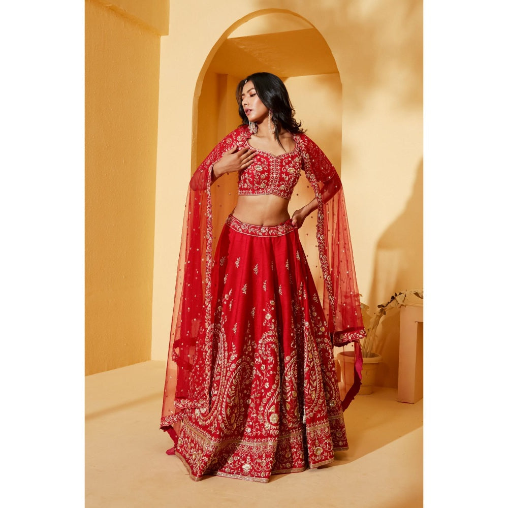 Suruchi Parakh Womens Red Embellished Blouse with Lehenga and Dupatta (Set of 3)