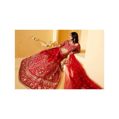 Suruchi Parakh Womens Red Embellished Blouse with Lehenga and Dupatta (Set of 3)