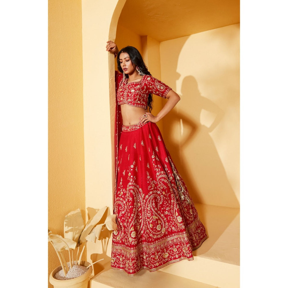 Suruchi Parakh Womens Red Embellished Blouse with Lehenga and Dupatta (Set of 3)