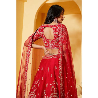 Suruchi Parakh Womens Red Embellished Blouse with Lehenga and Dupatta (Set of 3)