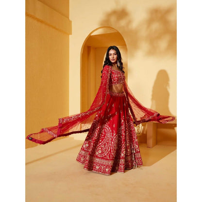 Suruchi Parakh Womens Red Embellished Blouse with Lehenga and Dupatta (Set of 3)