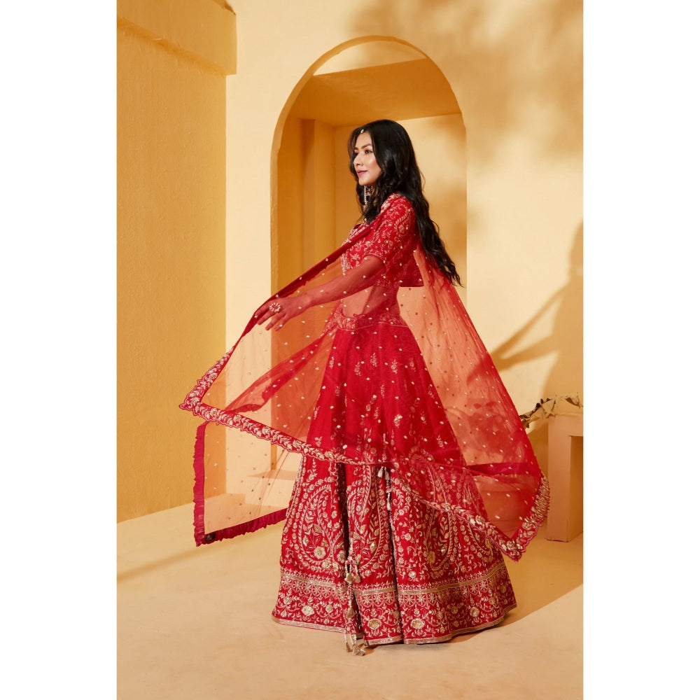 Suruchi Parakh Womens Red Embellished Blouse with Lehenga and Dupatta (Set of 3)