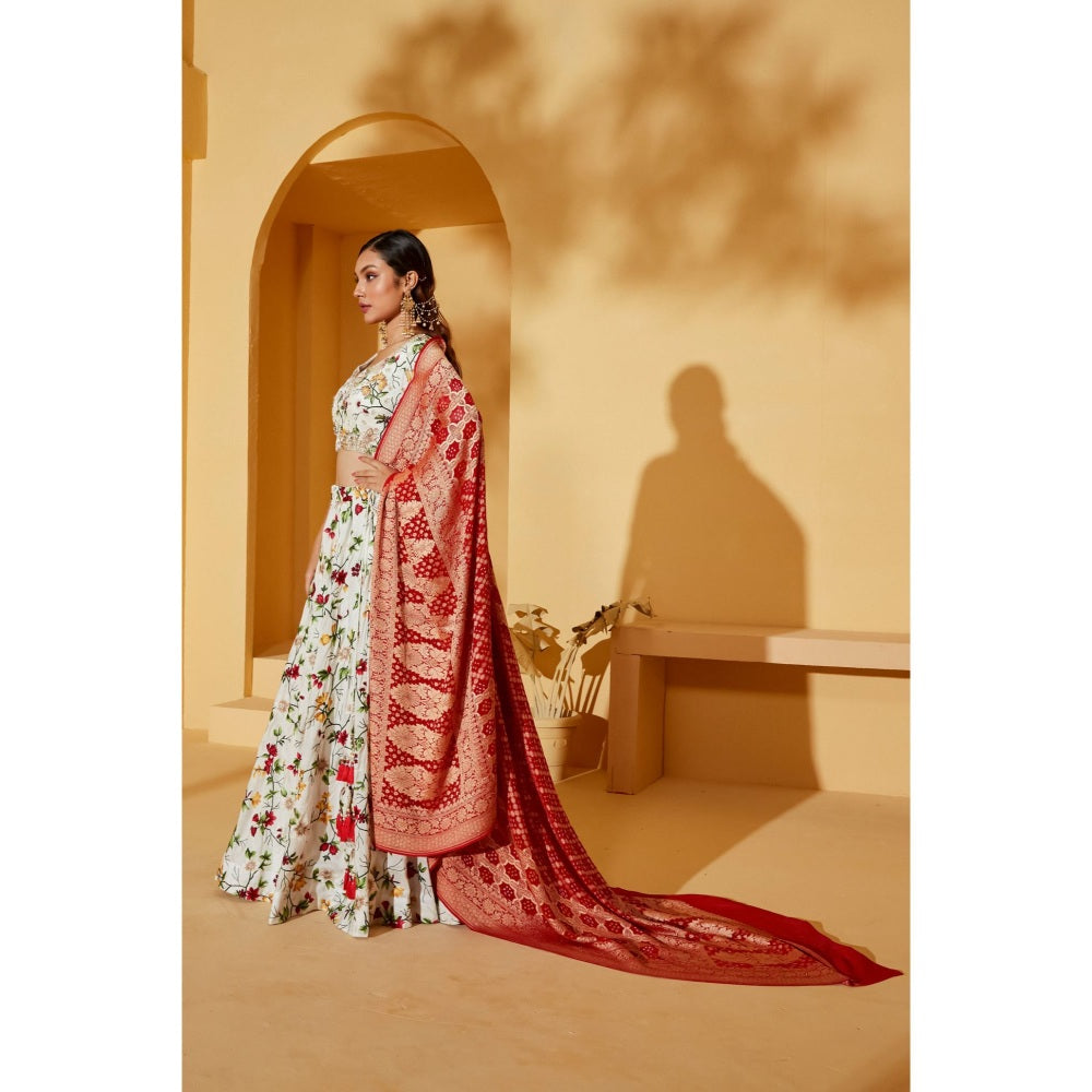 Suruchi Parakh Womens White Floral Print Blouse and Lehenga with Dupatta (Set of 3)