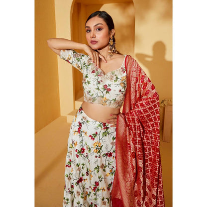 Suruchi Parakh Womens White Floral Print Blouse and Lehenga with Dupatta (Set of 3)