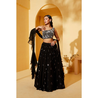 Suruchi Parakh Womens Black Embellished Blouse with Lehenga and Dupatta (Set of 3)