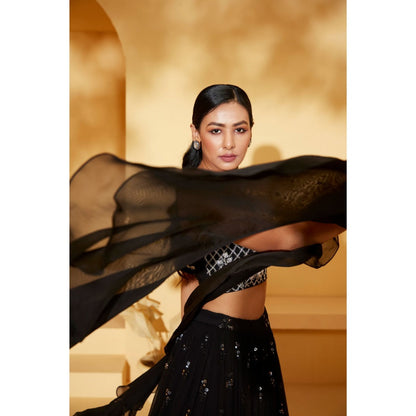 Suruchi Parakh Womens Black Embellished Blouse with Lehenga and Dupatta (Set of 3)