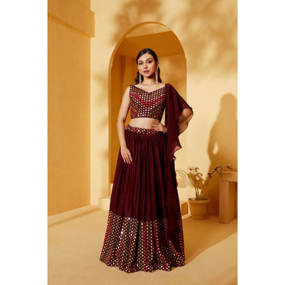 Suruchi Parakh Womens Maroon Mirror Work Blouse with Lehenga and Dupatta (Set of 3)