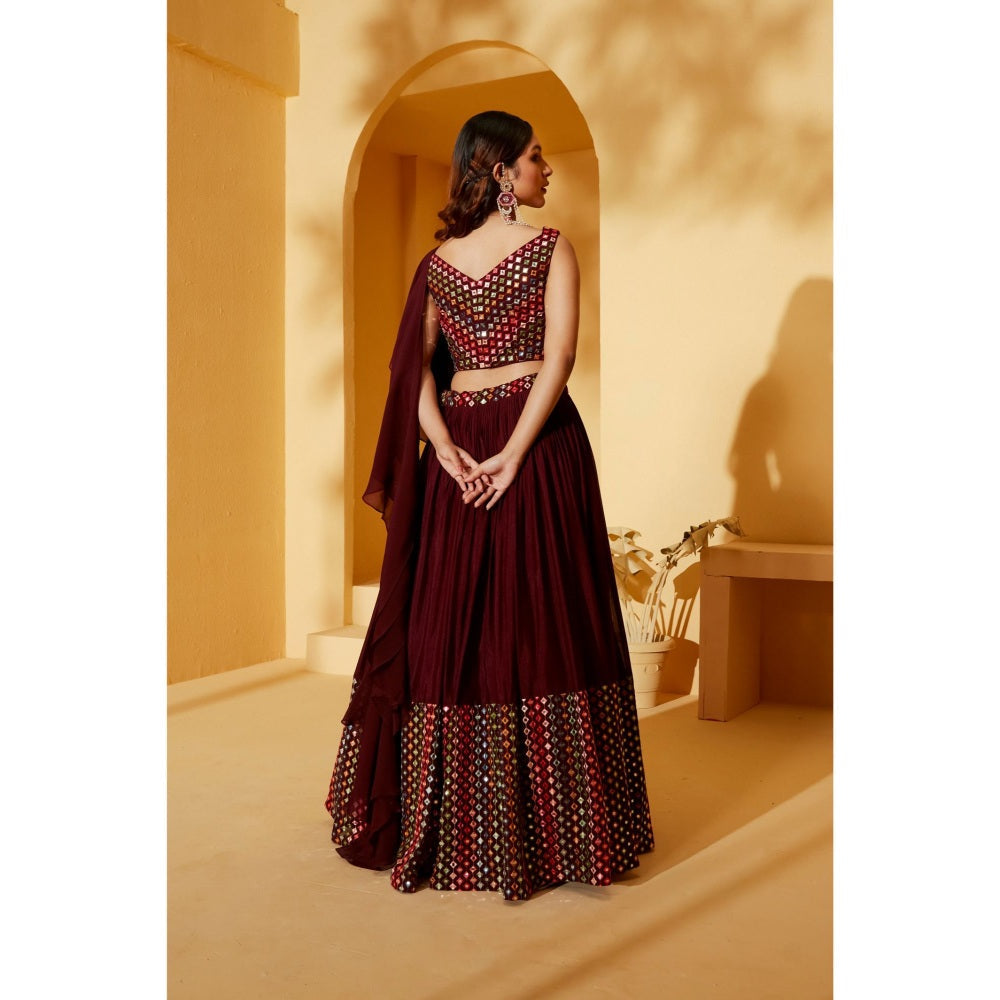Suruchi Parakh Womens Maroon Mirror Work Blouse with Lehenga and Dupatta (Set of 3)