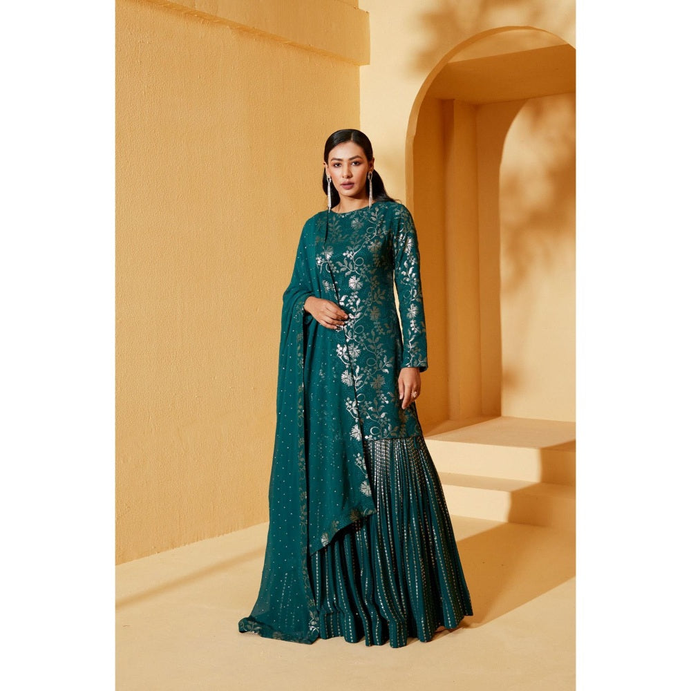 Suruchi Parakh Womens Teal Embroidered Kurta with Sharara and Dupatta (Set of 3)