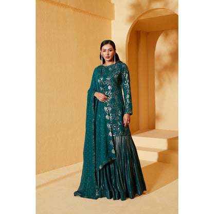 Suruchi Parakh Womens Teal Embroidered Kurta with Sharara and Dupatta (Set of 3)