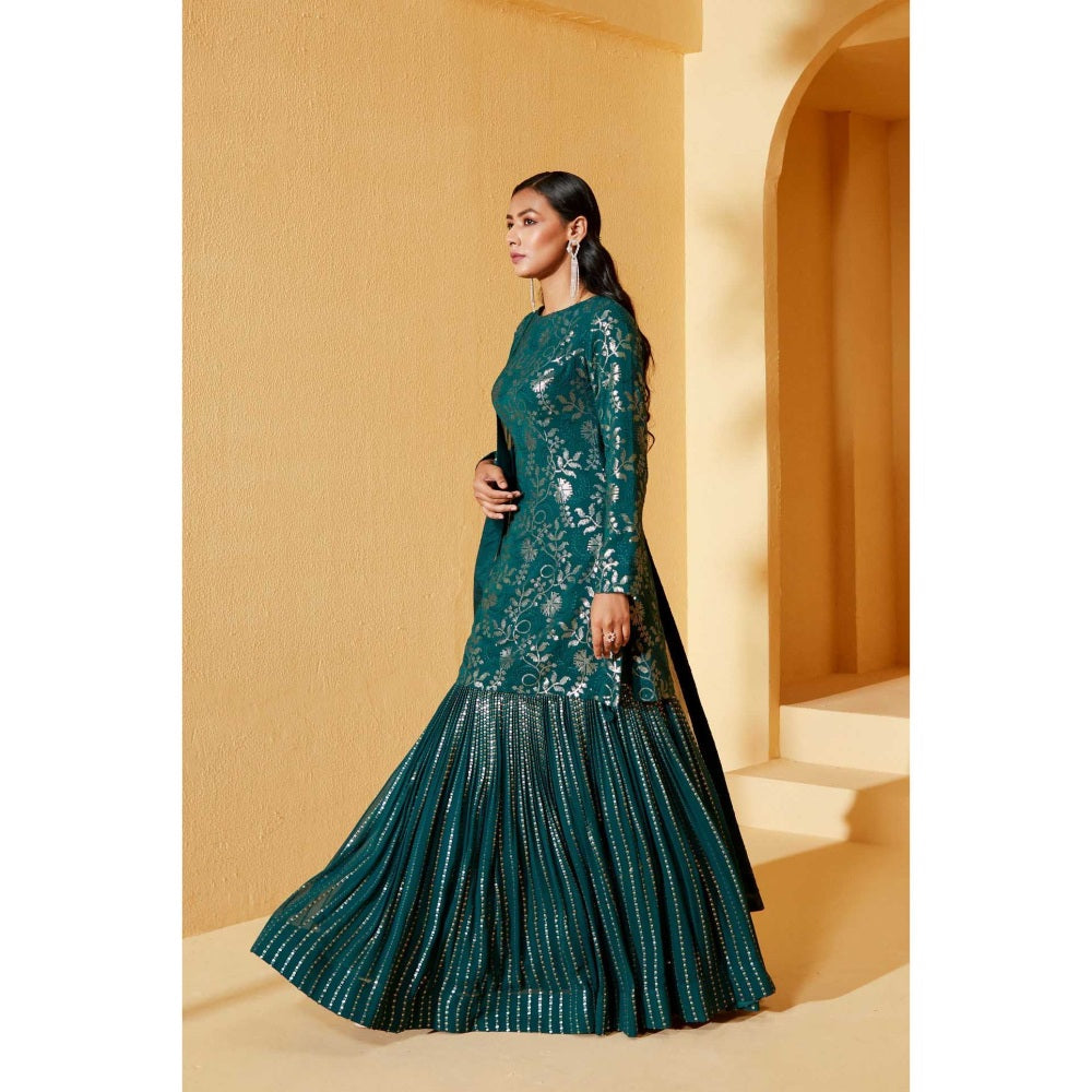 Suruchi Parakh Womens Teal Embroidered Kurta with Sharara and Dupatta (Set of 3)