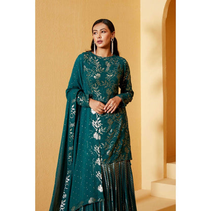 Suruchi Parakh Womens Teal Embroidered Kurta with Sharara and Dupatta (Set of 3)