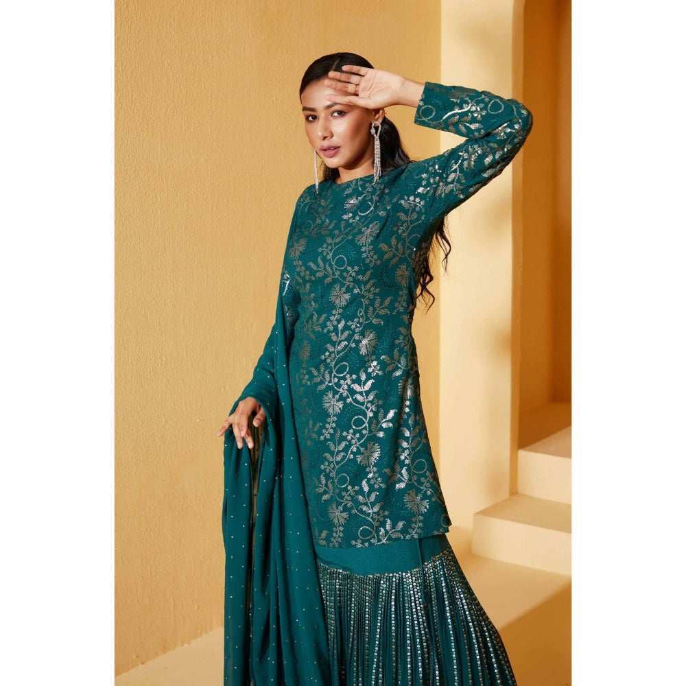 Suruchi Parakh Womens Teal Embroidered Kurta with Sharara and Dupatta (Set of 3)