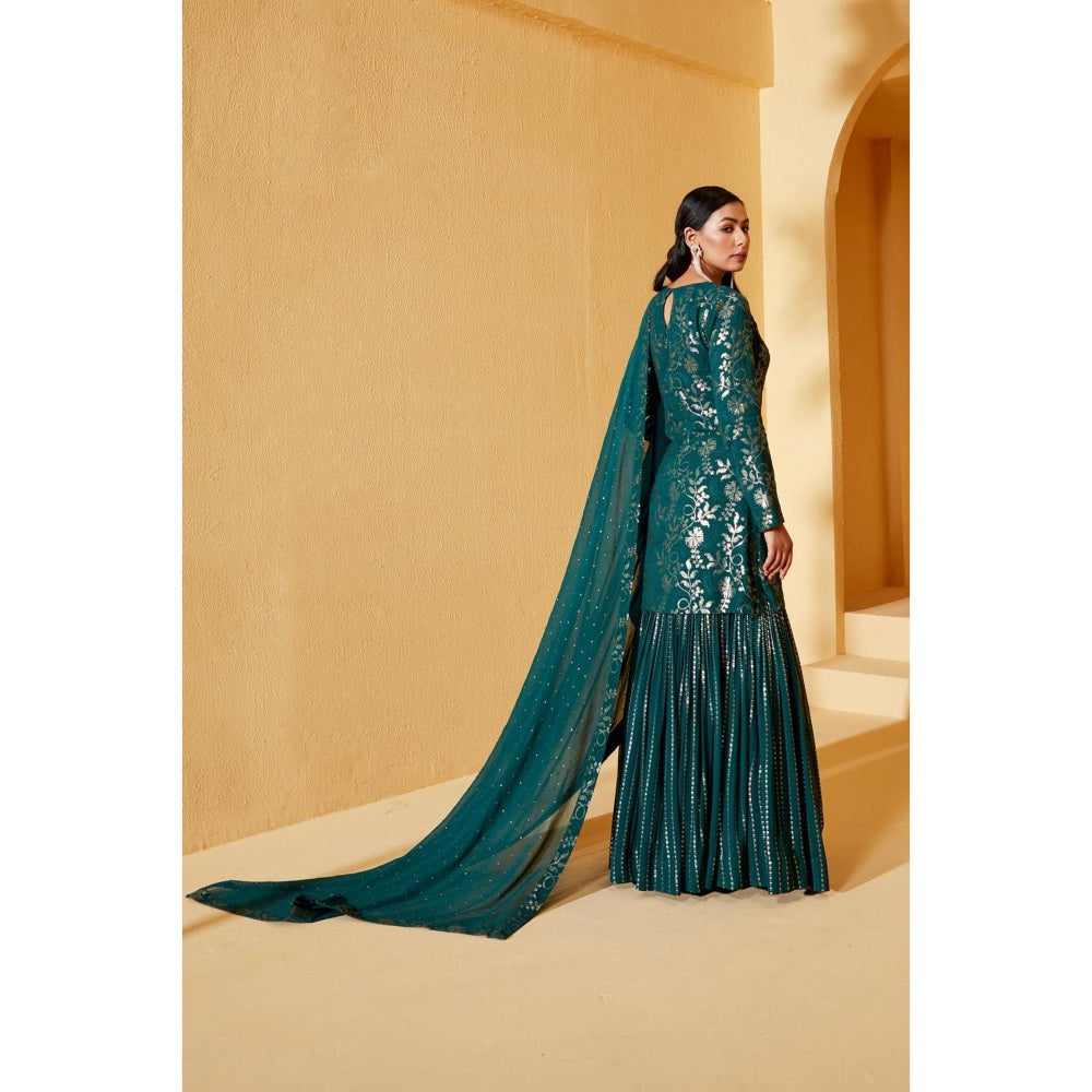 Suruchi Parakh Womens Teal Embroidered Kurta with Sharara and Dupatta (Set of 3)