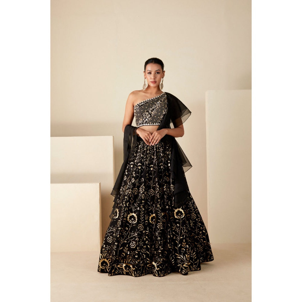 Suruchi Parakh Womens Black Embellished Blouse with Lehenga and Dupatta (Set of 3)