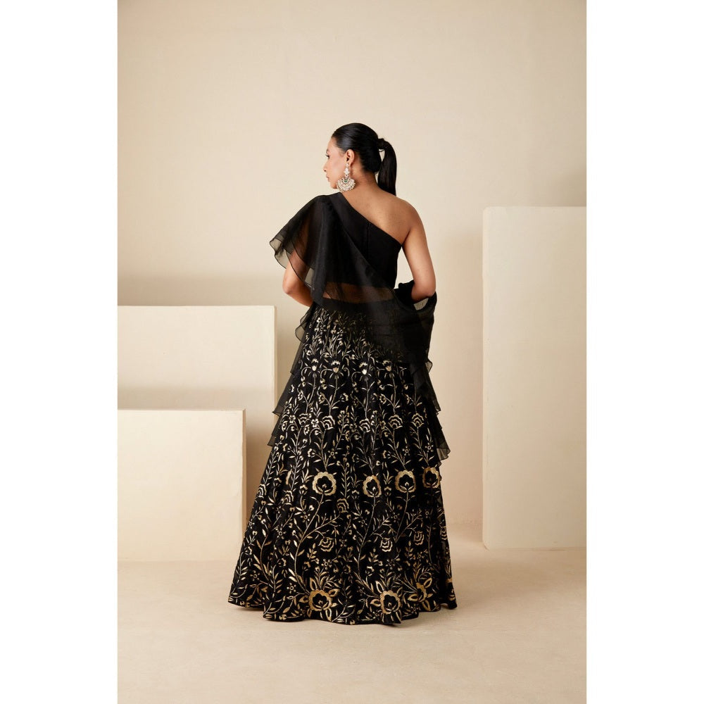 Suruchi Parakh Womens Black Embellished Blouse with Lehenga and Dupatta (Set of 3)