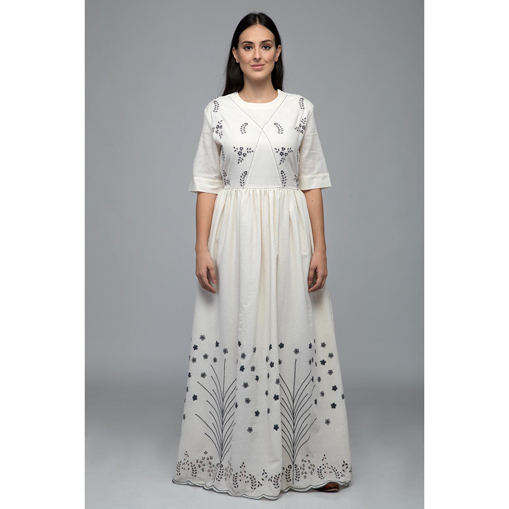 S & V designs Blue Floral Embroidery Round Neck Maxi Dress