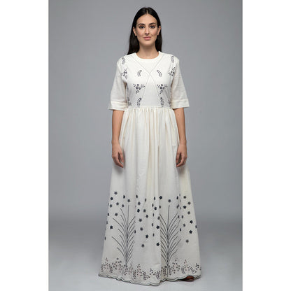 S & V designs Blue Floral Embroidery Round Neck Maxi Dress