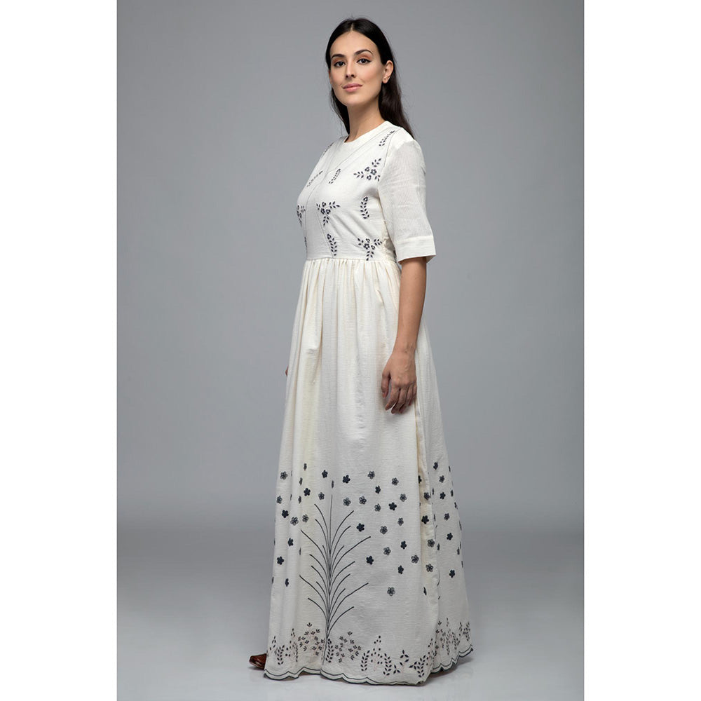 S & V designs Blue Floral Embroidery Round Neck Maxi Dress