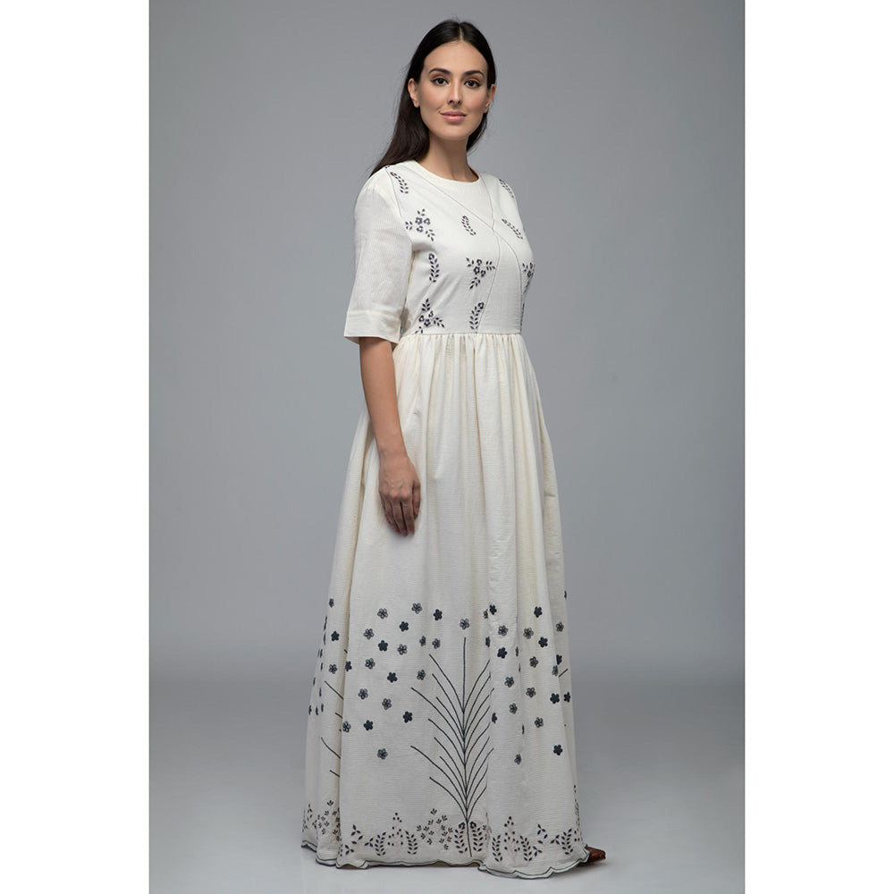 S & V designs Blue Floral Embroidery Round Neck Maxi Dress