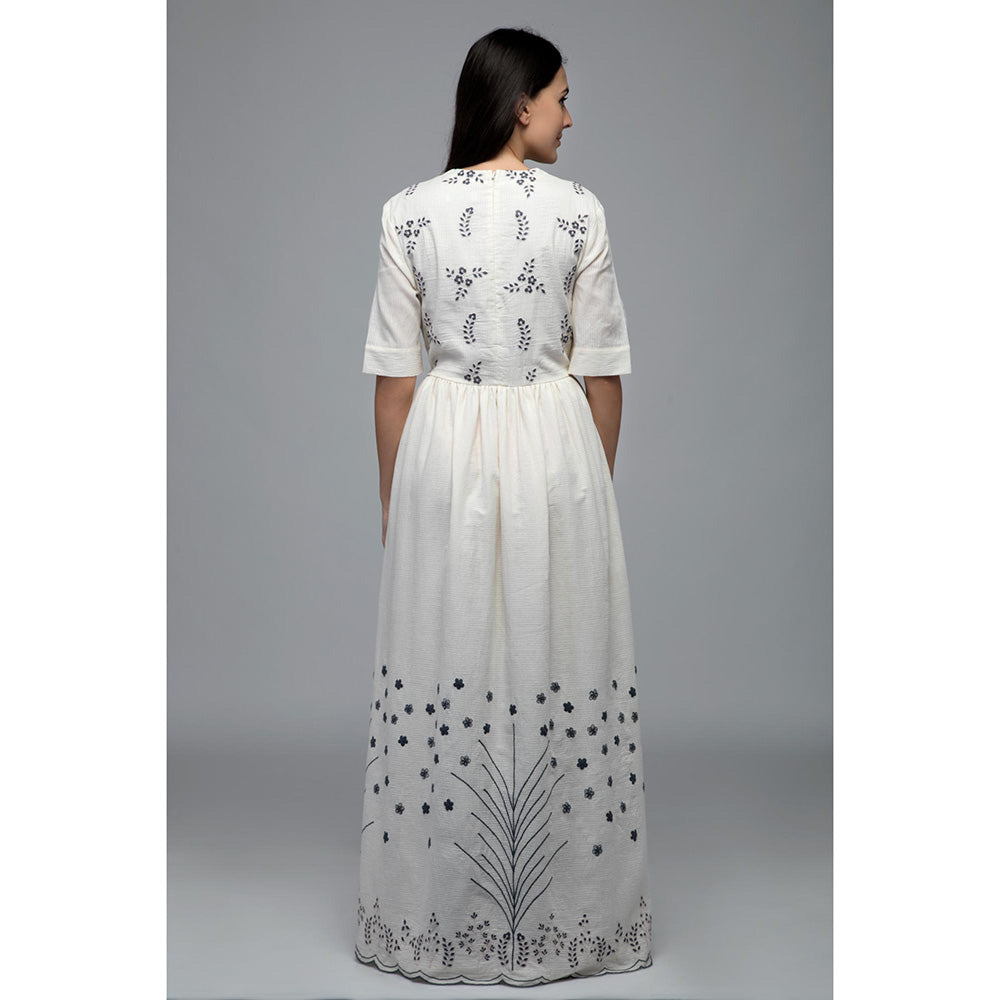 S & V designs Blue Floral Embroidery Round Neck Maxi Dress