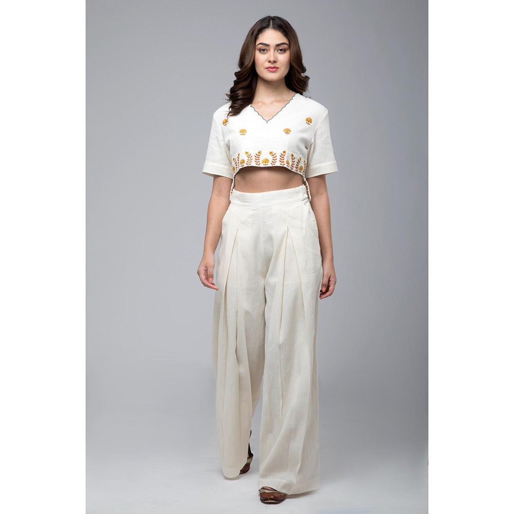 S & V designs Yellow Embroidered Crop Top with Box Pleated Palazzo (Set of 2)