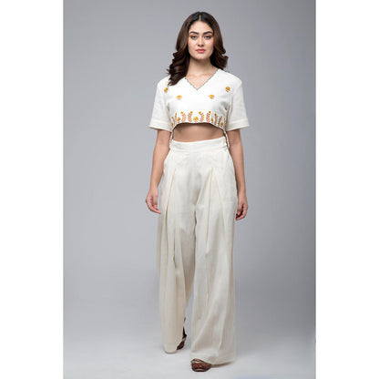 S & V designs Yellow Embroidered Crop Top with Box Pleated Palazzo (Set of 2)