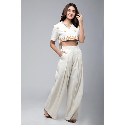 S & V designs Yellow Embroidered Crop Top with Box Pleated Palazzo (Set of 2)