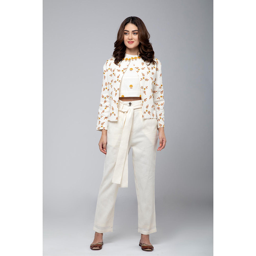 S & V designs Yellow Embroidered Crop Top and Jacket with Trouser (Set of 3)