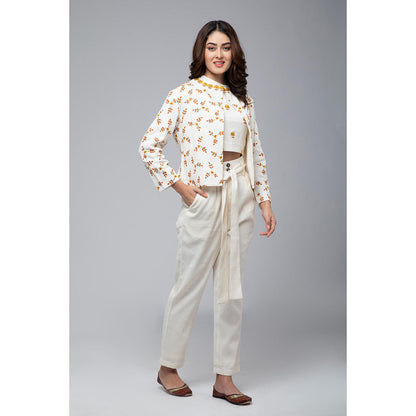 S & V designs Yellow Embroidered Crop Top and Jacket with Trouser (Set of 3)