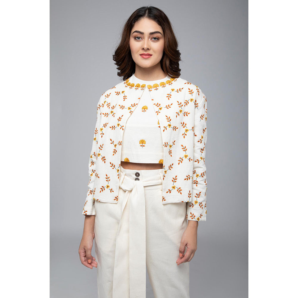 S & V designs Yellow Embroidered Crop Top and Jacket with Trouser (Set of 3)