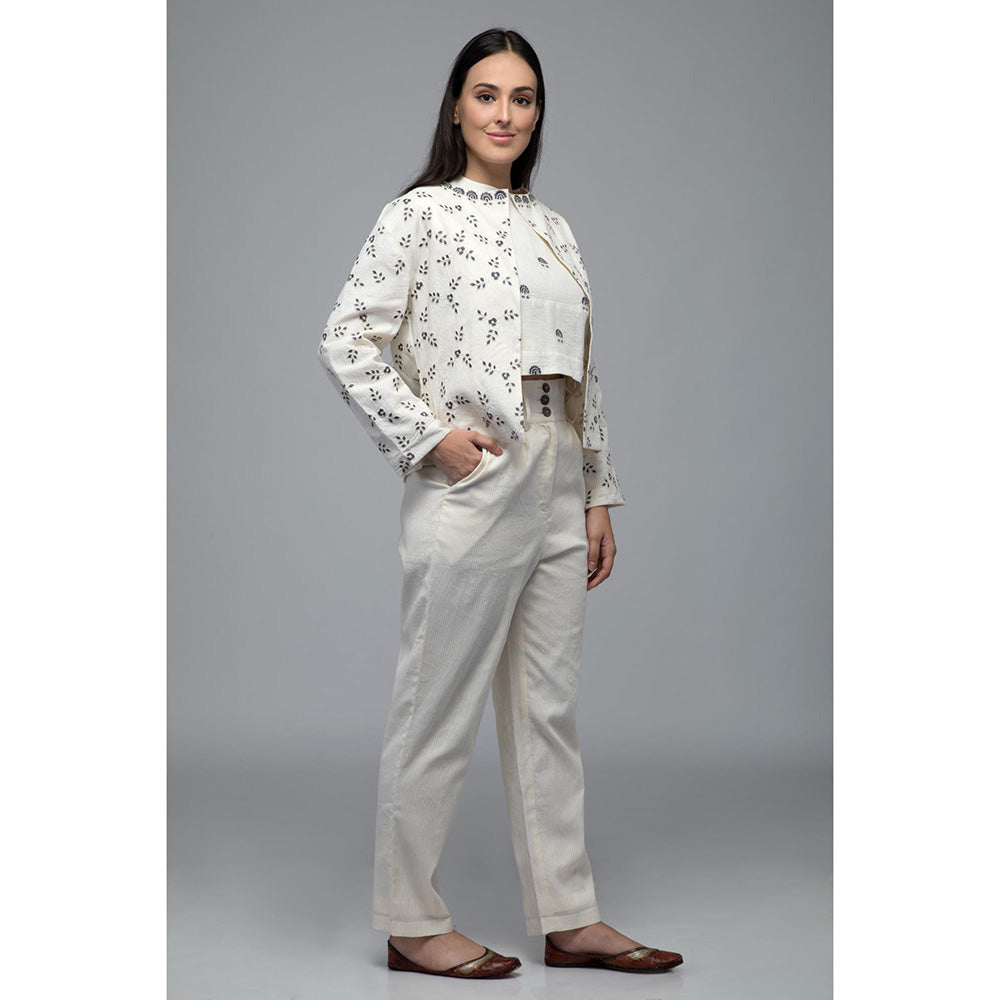 S & V designs Blue Embroidered Crop Top and Jacket with Trouser (Set of 3)