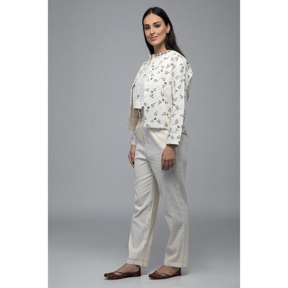 S & V designs Blue Embroidered Crop Top and Jacket with Trouser (Set of 3)