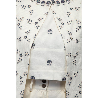 S & V designs Blue Embroidered Crop Top and Jacket with Trouser (Set of 3)