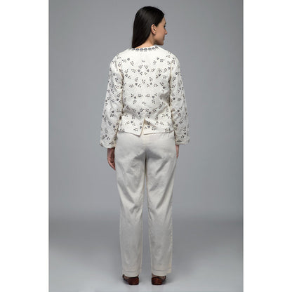 S & V designs Blue Embroidered Crop Top and Jacket with Trouser (Set of 3)