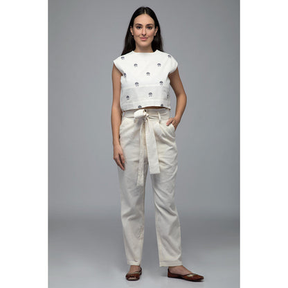 S & V designs Blue Embroidered Crop Top and Jacket with Trouser (Set of 3)