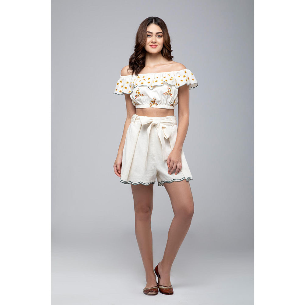 S & V designs Yellow Off Shoulder Embroidered Crop Top with Shorts and Belt (Set of 3)