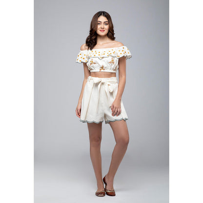 S & V designs Yellow Off Shoulder Embroidered Crop Top with Shorts and Belt (Set of 3)
