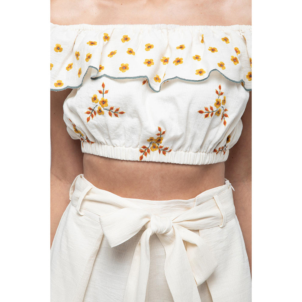 S & V designs Yellow Off Shoulder Embroidered Crop Top with Shorts and Belt (Set of 3)