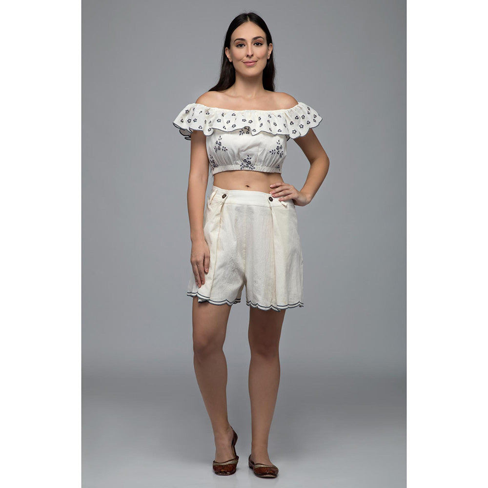 S & V designs Blue Off Shoulder Embroidered Crop Top with Shorts (Set of 2)