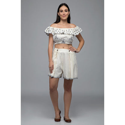 S & V designs Blue Off Shoulder Embroidered Crop Top with Shorts (Set of 2)