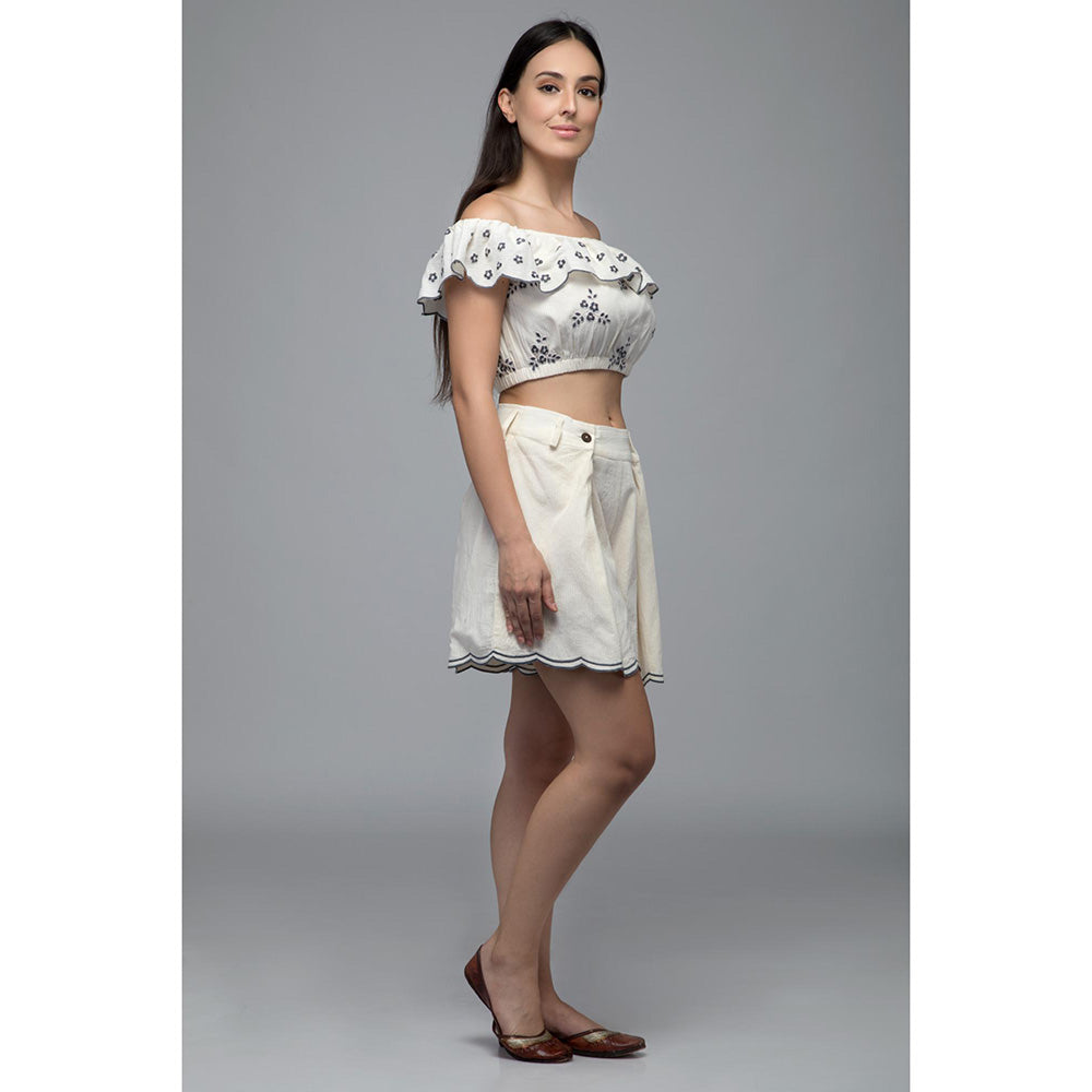 S & V designs Blue Off Shoulder Embroidered Crop Top with Shorts (Set of 2)