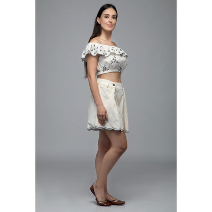 S & V designs Blue Off Shoulder Embroidered Crop Top with Shorts (Set of 2)