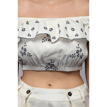 S & V designs Blue Off Shoulder Embroidered Crop Top with Shorts (Set of 2)