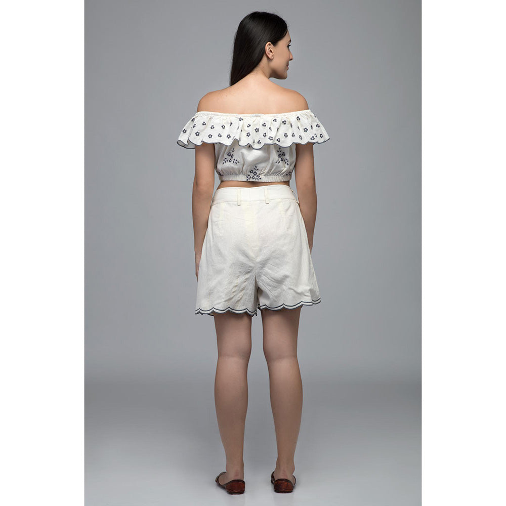 S & V designs Blue Off Shoulder Embroidered Crop Top with Shorts (Set of 2)