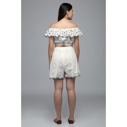 S & V designs Blue Off Shoulder Embroidered Crop Top with Shorts (Set of 2)